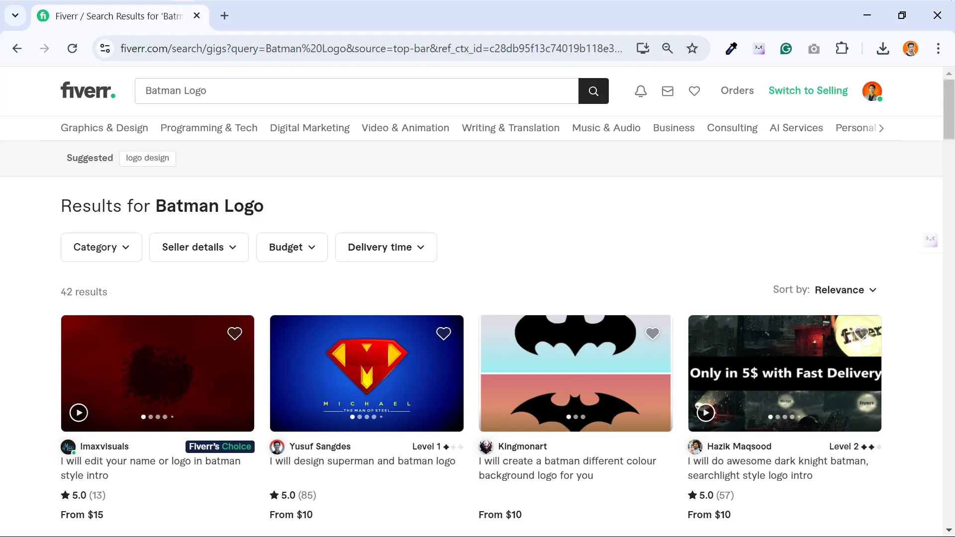 Screenshot showing batman logo gigs for graphic designers