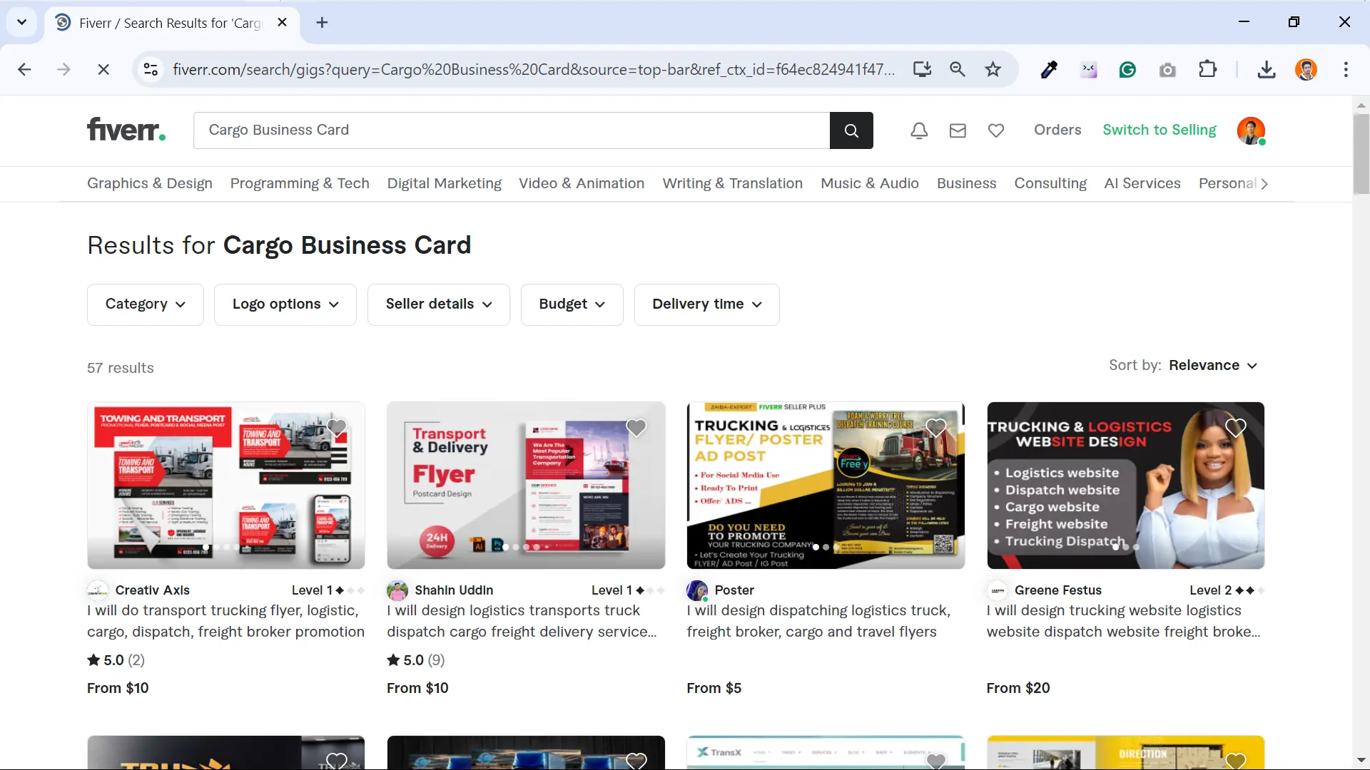 Screenshot showing Cargo Business Card gigs for graphic designers