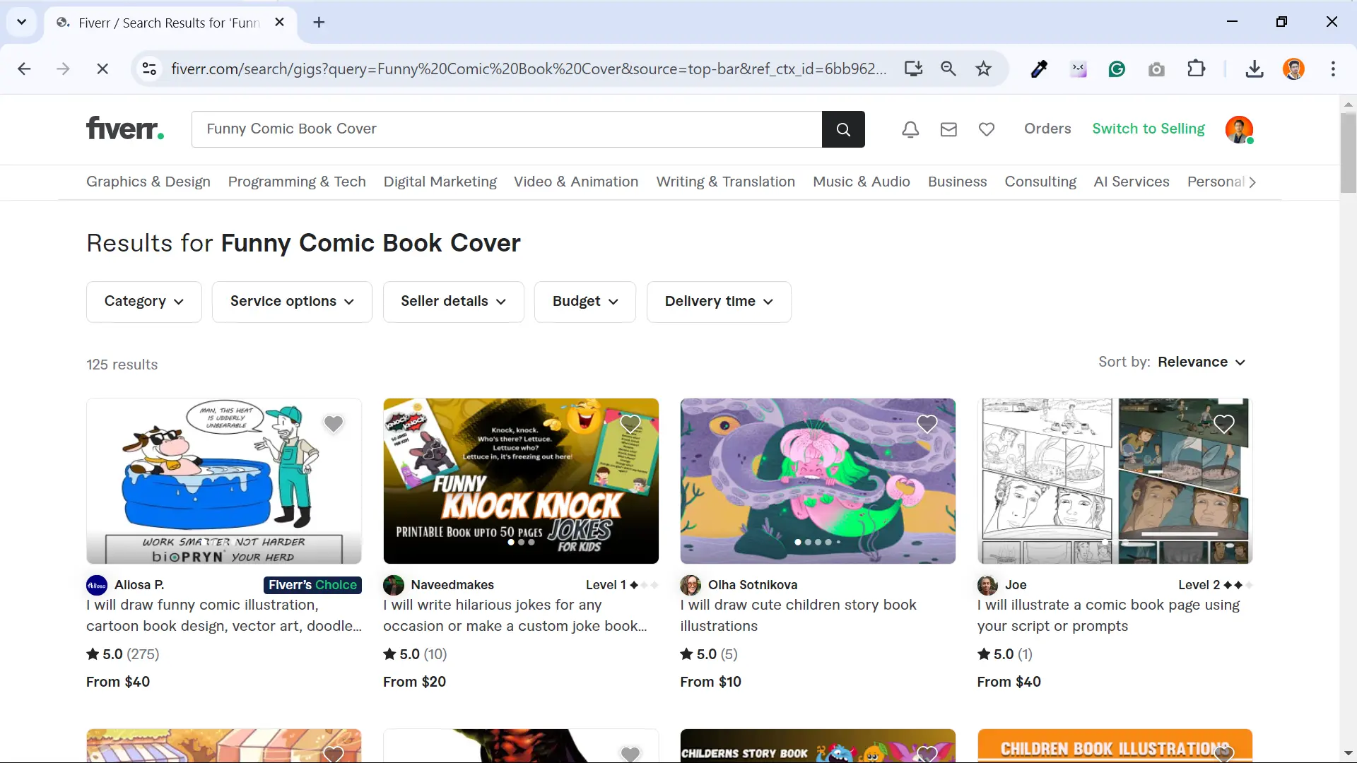 Screenshot showing Funny Comic Book Cover gigs for graphic designers