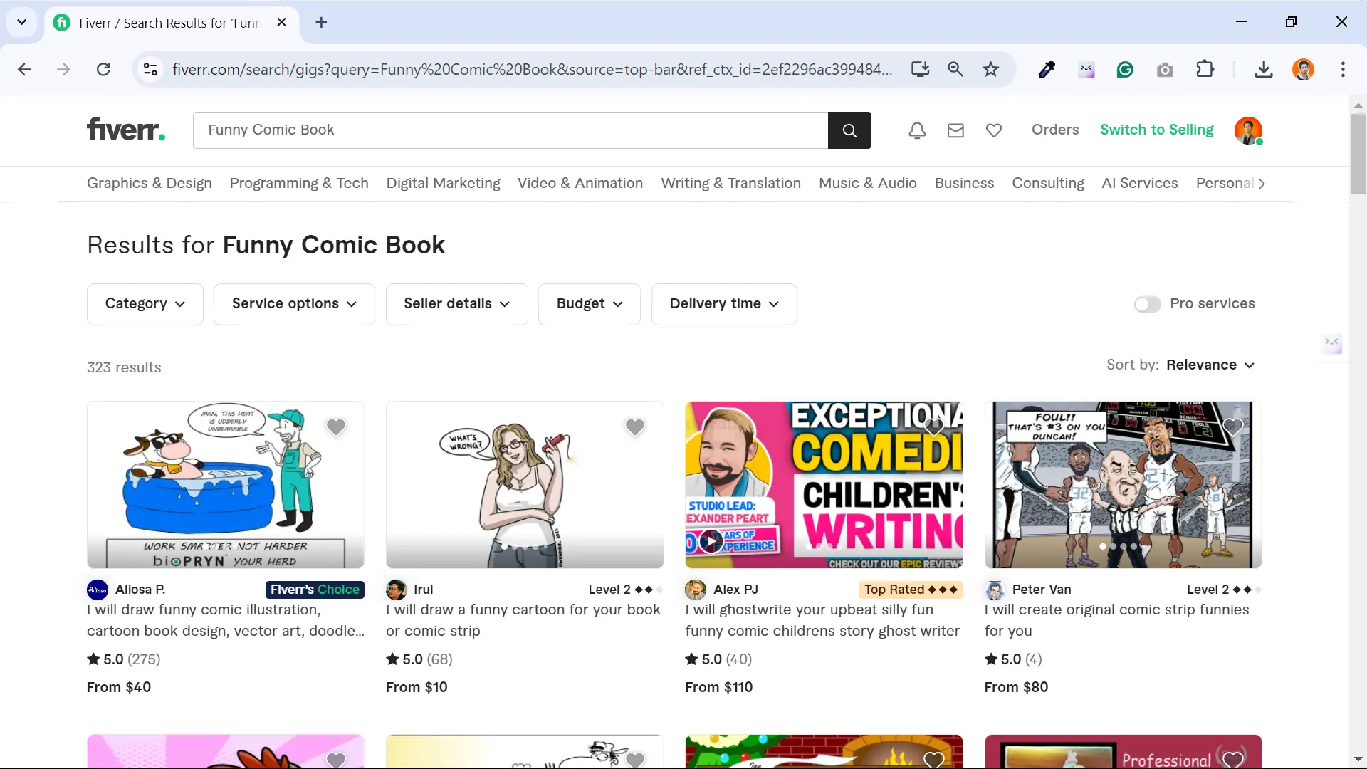 Screenshot showing Funny Comic Book gigs for graphic designers