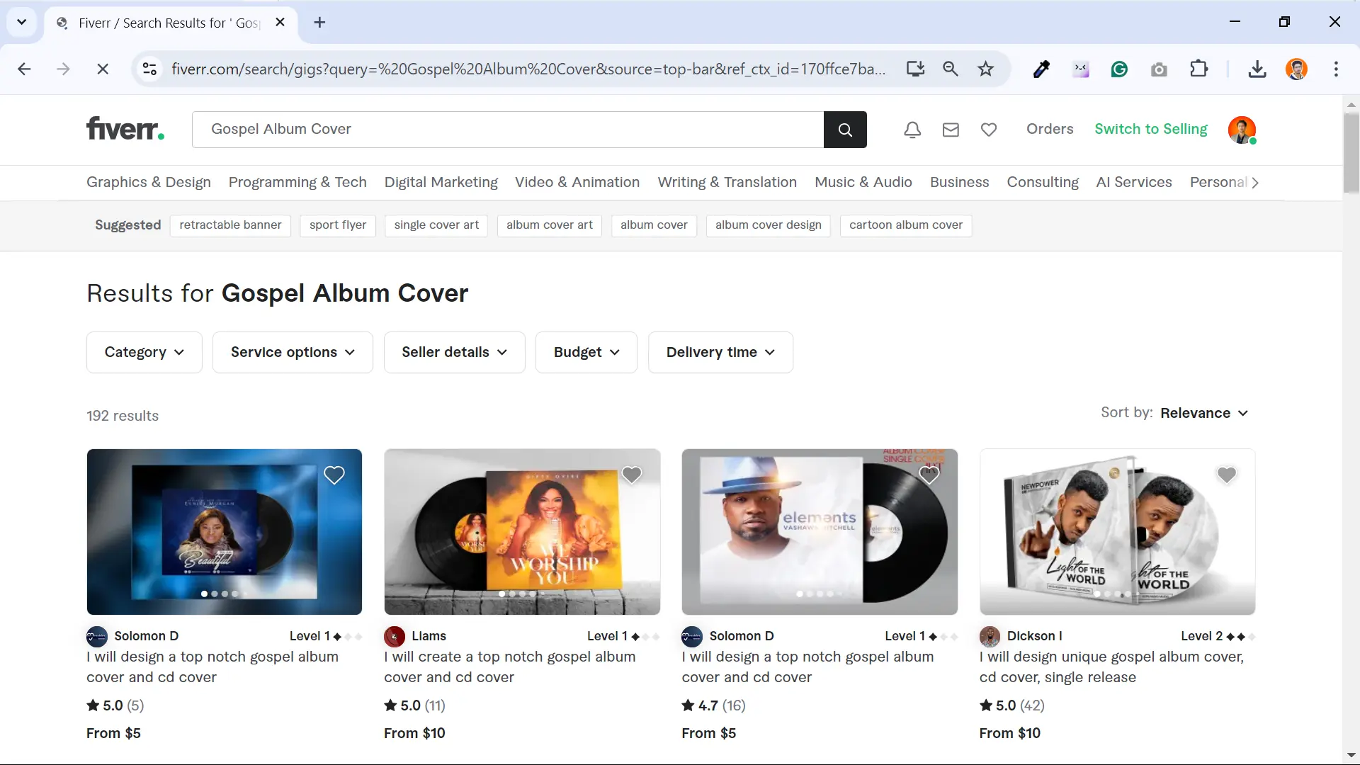 Screenshot showing Gospel Album Cover gigs for graphic designers