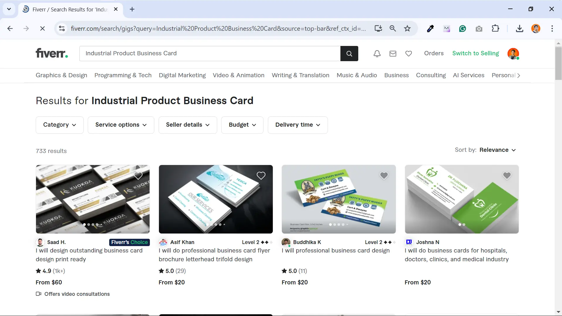 Screenshot showing Industrial Product Business Card gigs for graphic designers