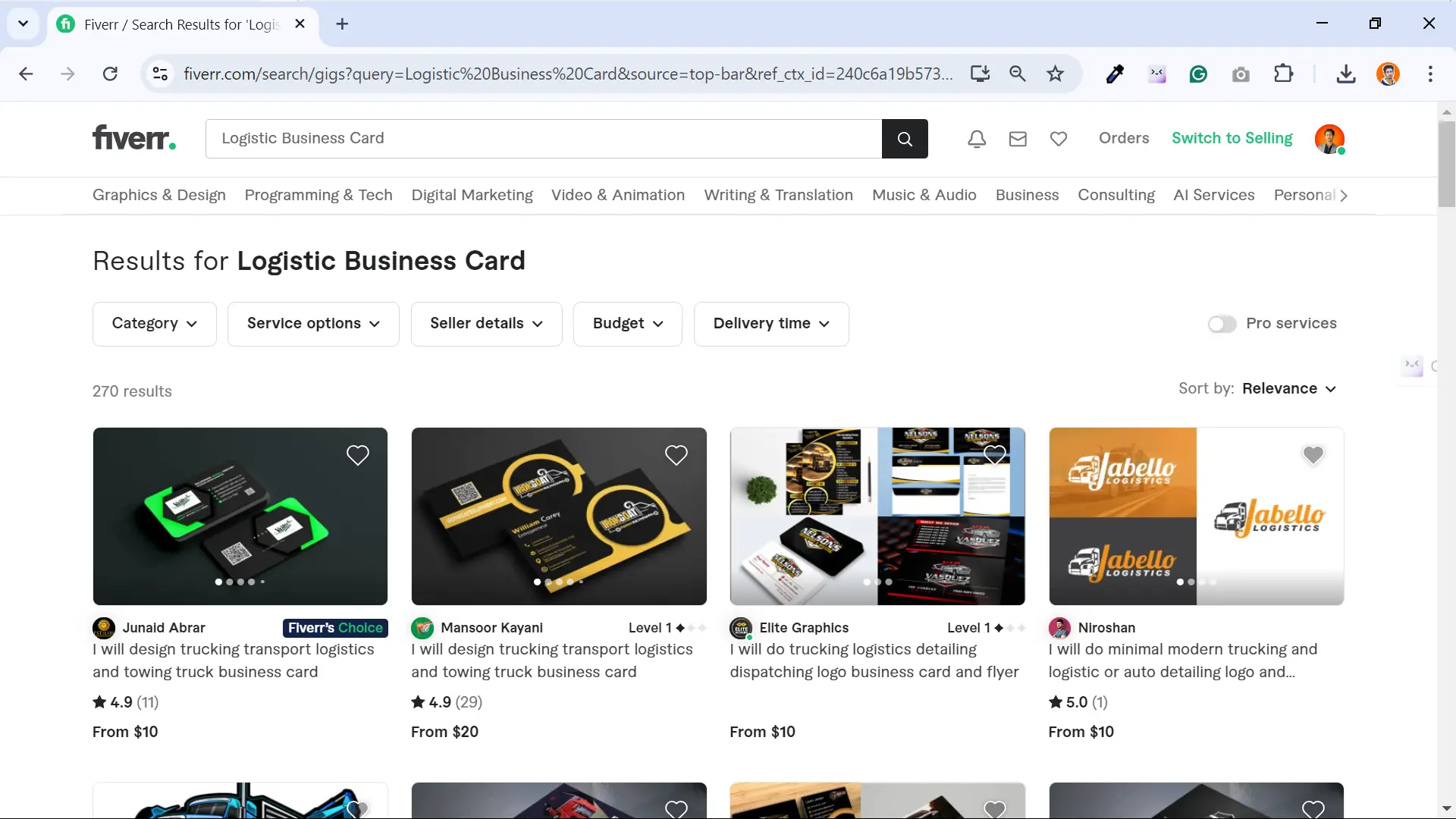 Screenshot showing Logistic Business Card gigs for graphic designers