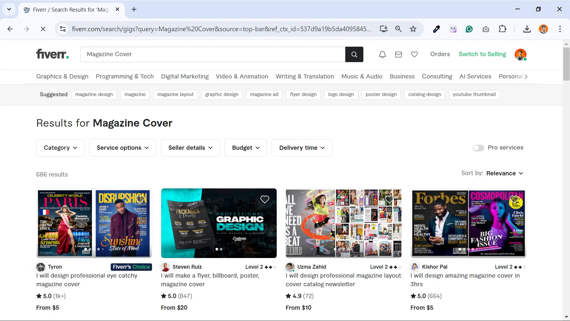 Screenshot showing superman logo gigs for graphic designers