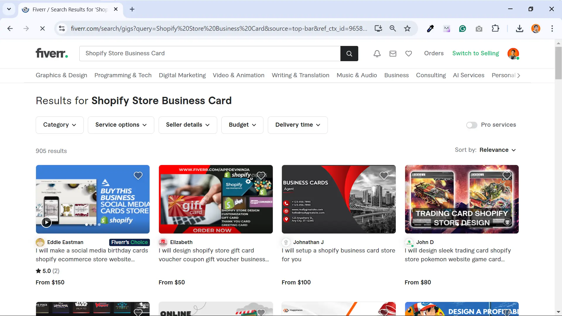 Screenshot showing Shopify Store Business Card gigs for graphic designers