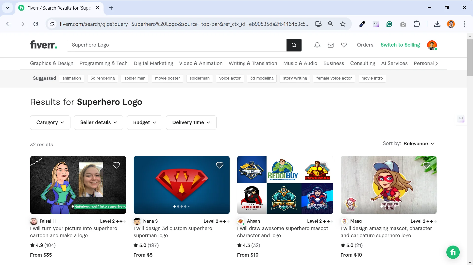 Screenshot showing superheor logo gigs for graphic designers