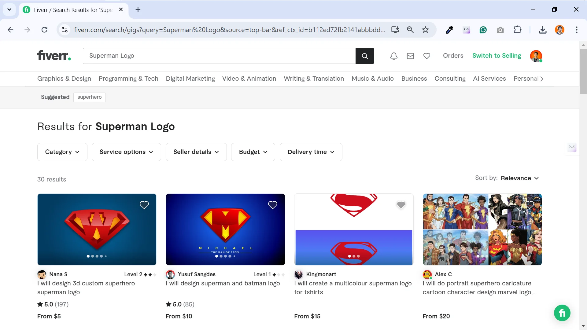 Screenshot showing superman logo gigs for graphic designers