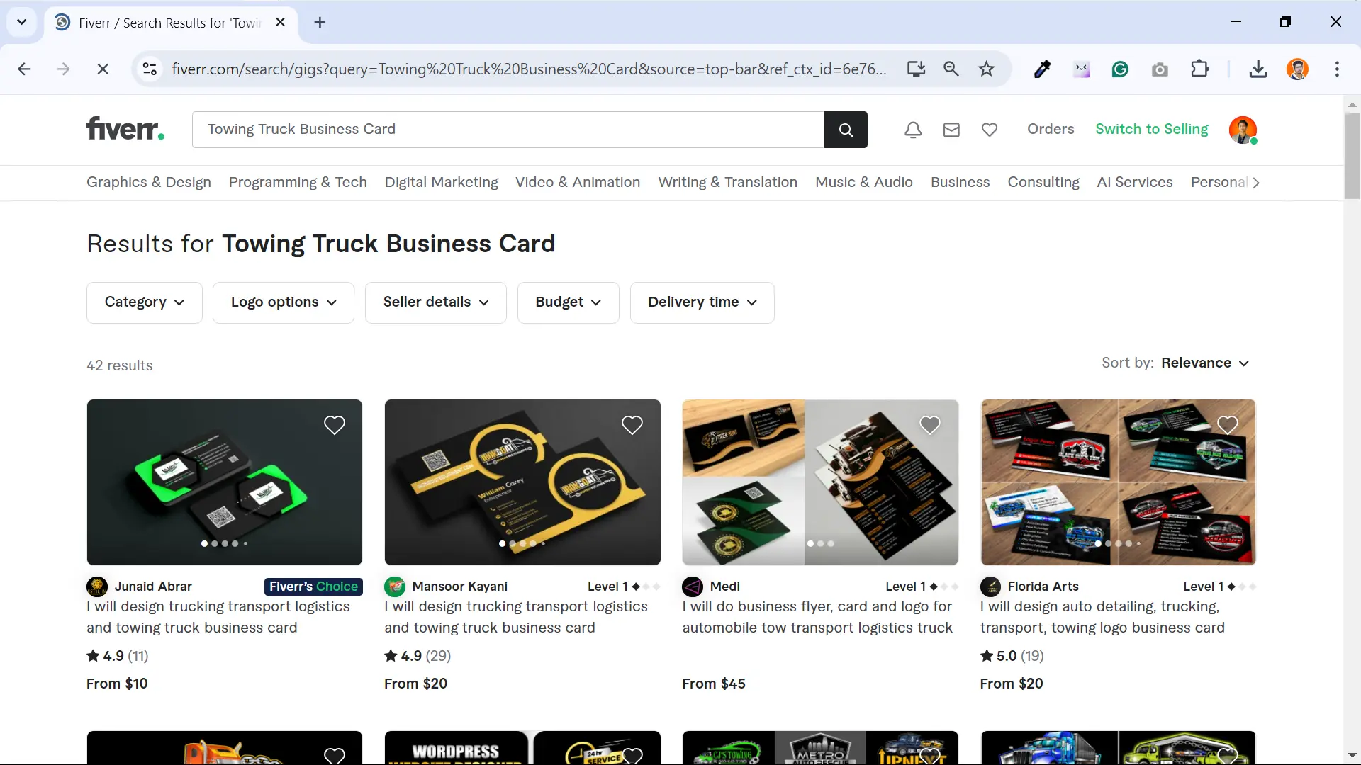 Screenshot showing towing truck business gigs for graphic designers
