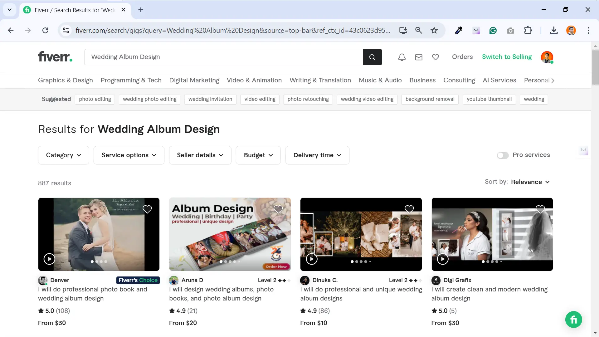 Screenshot showing Wedding Album Design gigs for graphic designers